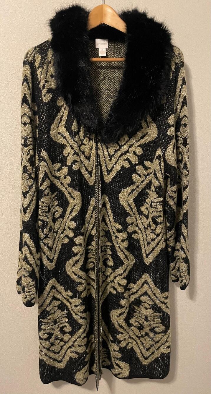 Chicos Cardigan Sweater Womens 3 US XL Black Stretch Faux Fur Collar Metallic